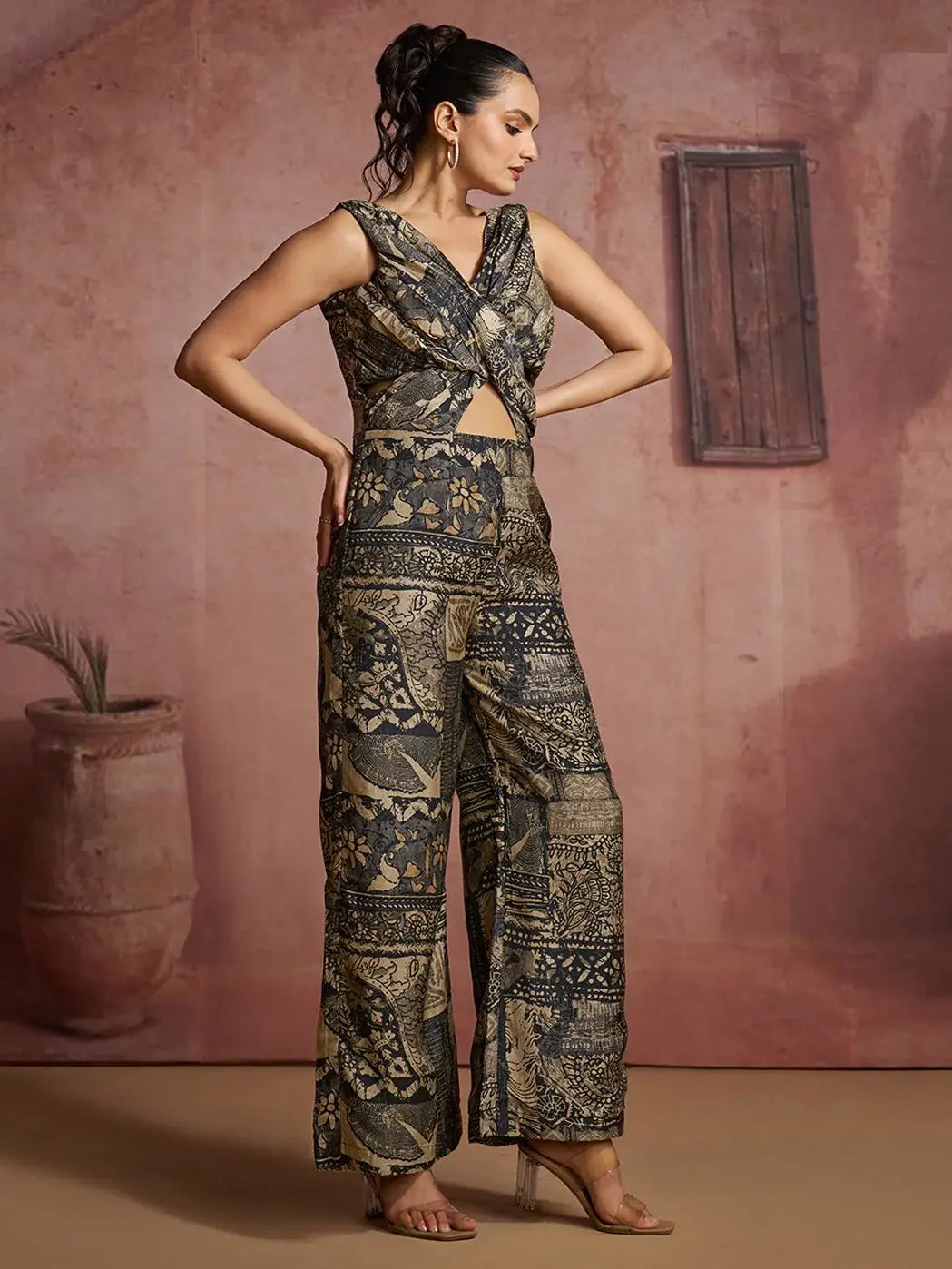 Amazing Black Digital Printed Muslin Silk Event Wear Jump Suit