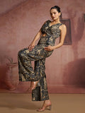Amazing Black Digital Printed Muslin Silk Event Wear Jump Suit