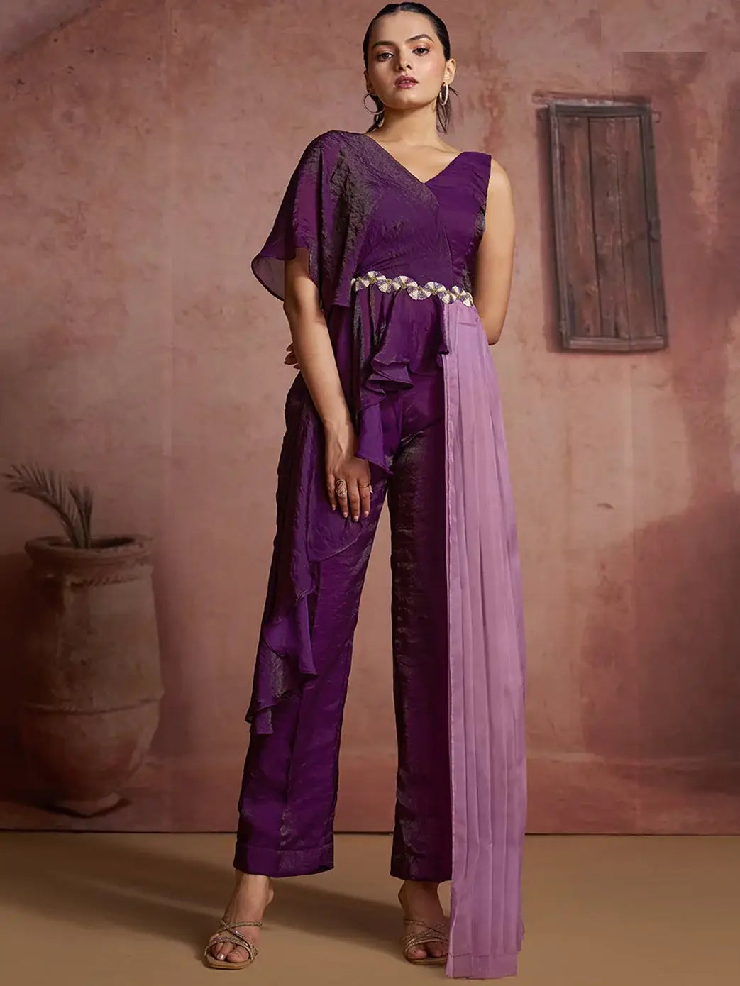 Lavish Wine Hand Work Organza Party Wear Co-Ord Set