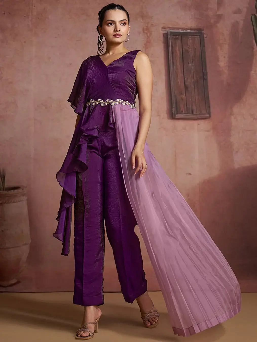 Lavish Wine Hand Work Organza Party Wear Co-Ord Set
