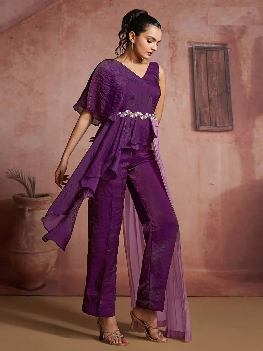 Lavish Wine Hand Work Organza Party Wear Co-Ord Set