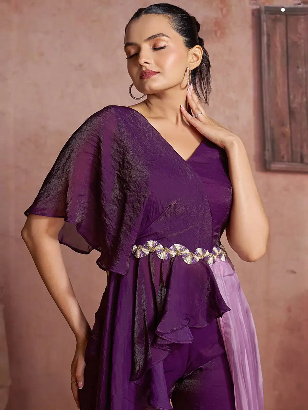 Lavish Wine Hand Work Organza Party Wear Co-Ord Set