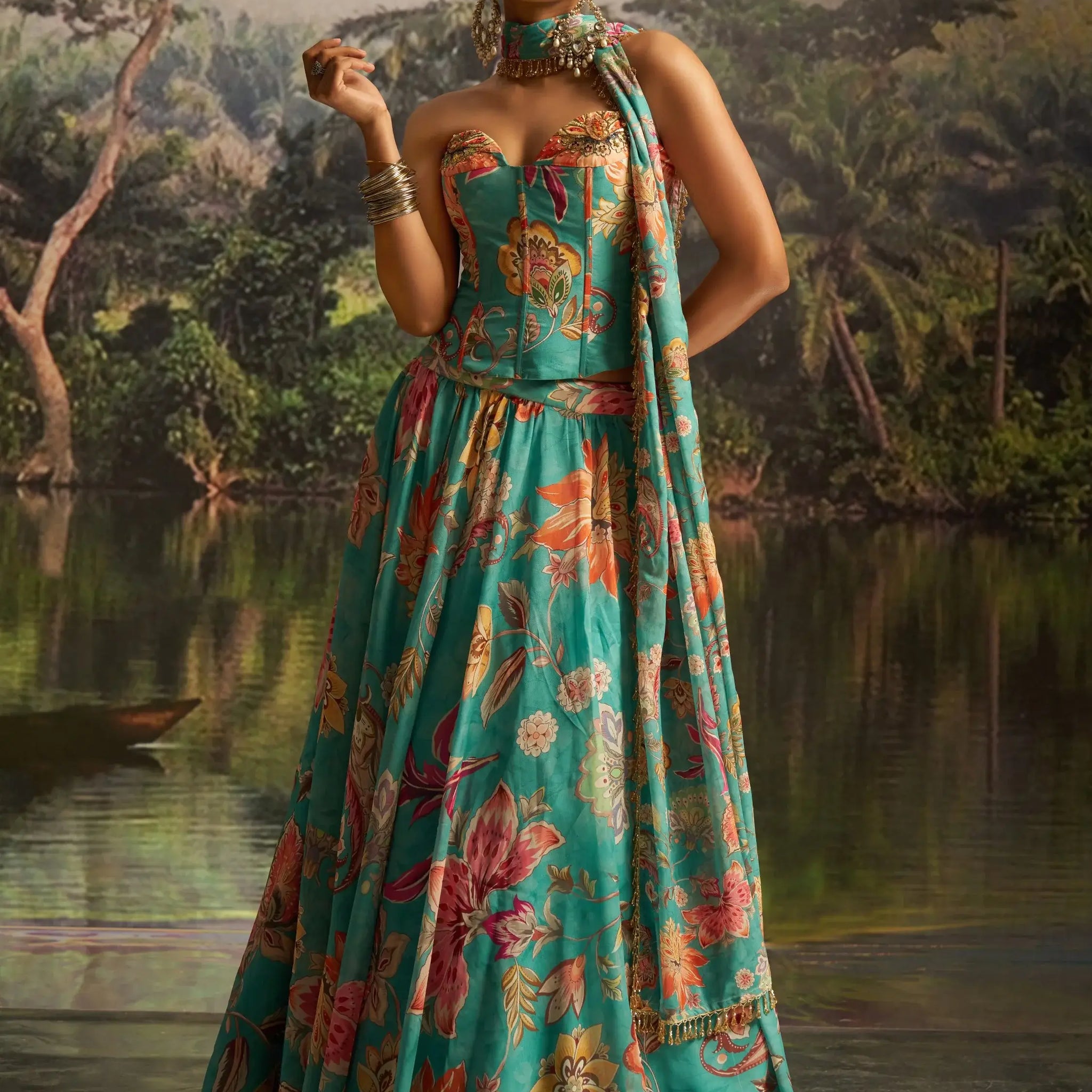 Sensational Mint Blue Floral Printed Georgette Party Wear Lehenga With Co-Ord Blouse