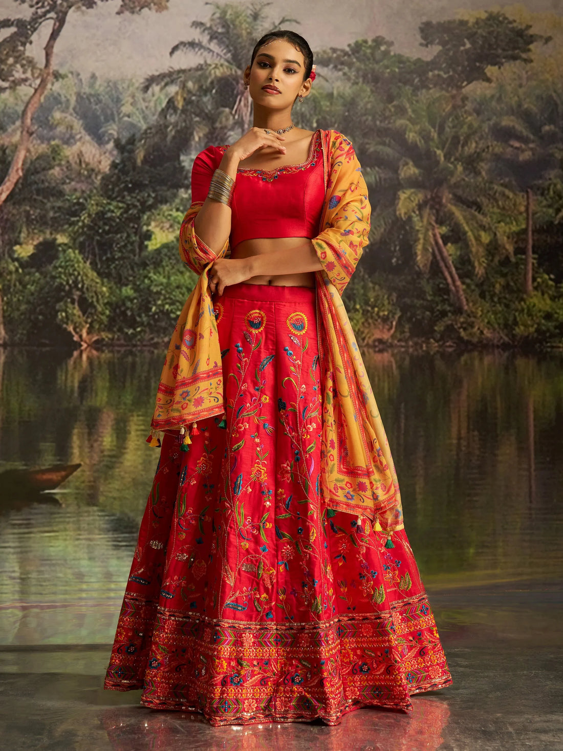 Enchanting Red Embroidered Silk Wedding Wear Lehenga Choli