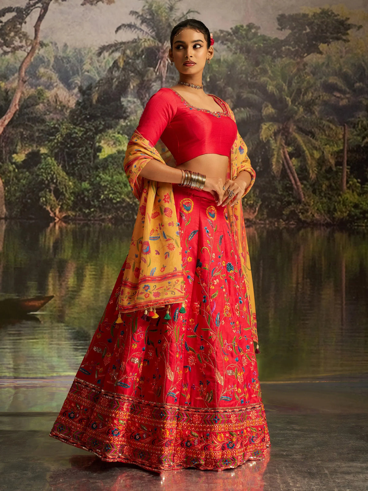 Enchanting Red Embroidered Silk Wedding Wear Lehenga Choli