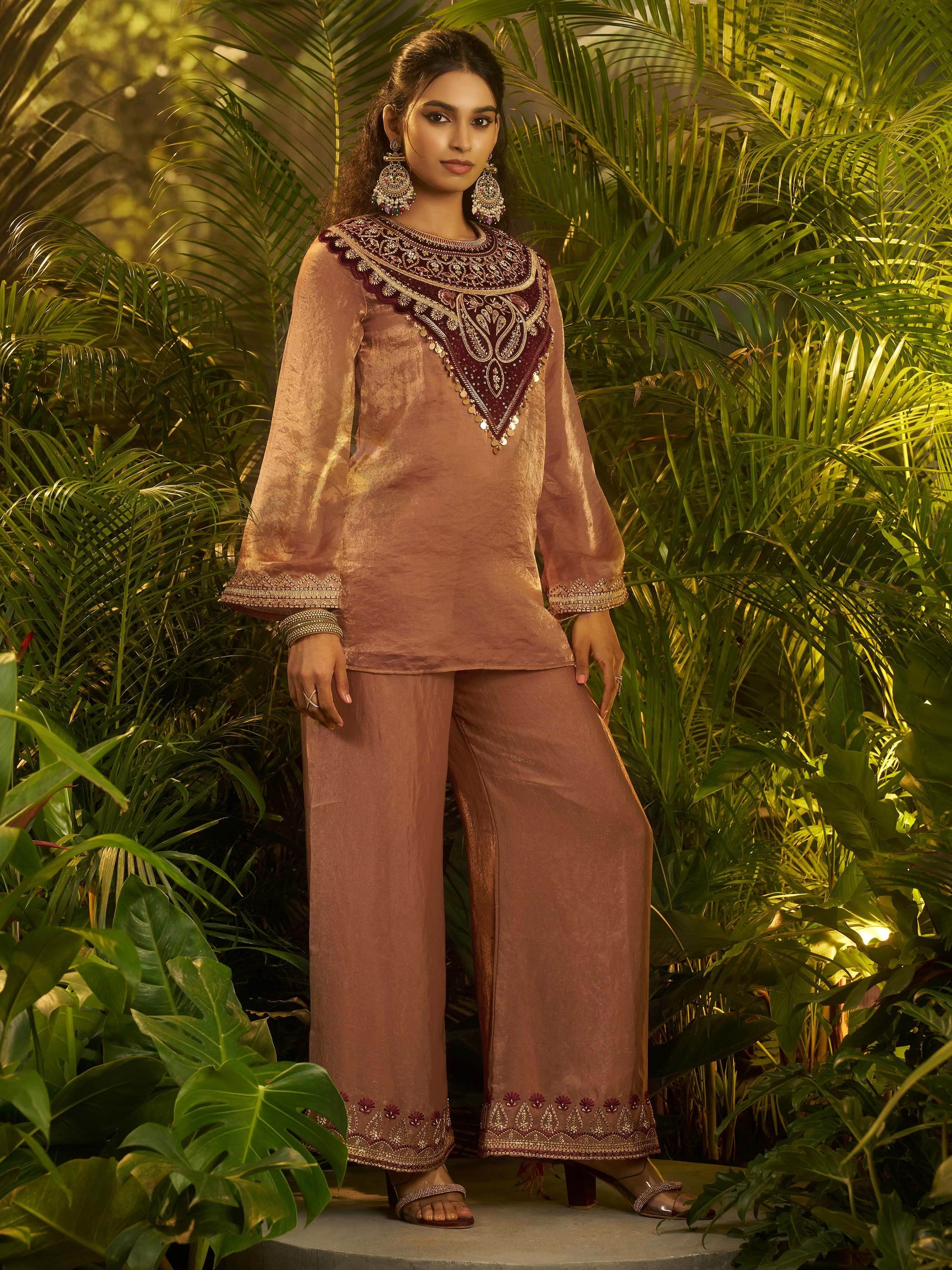 Charming Peach Patch Work Organza Party Wear Co-Ord Set