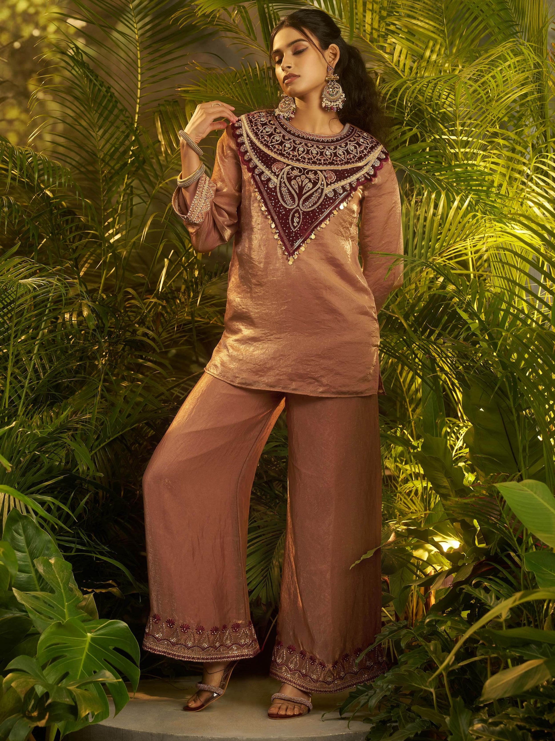 Charming Peach Patch Work Organza Party Wear Co-Ord Set