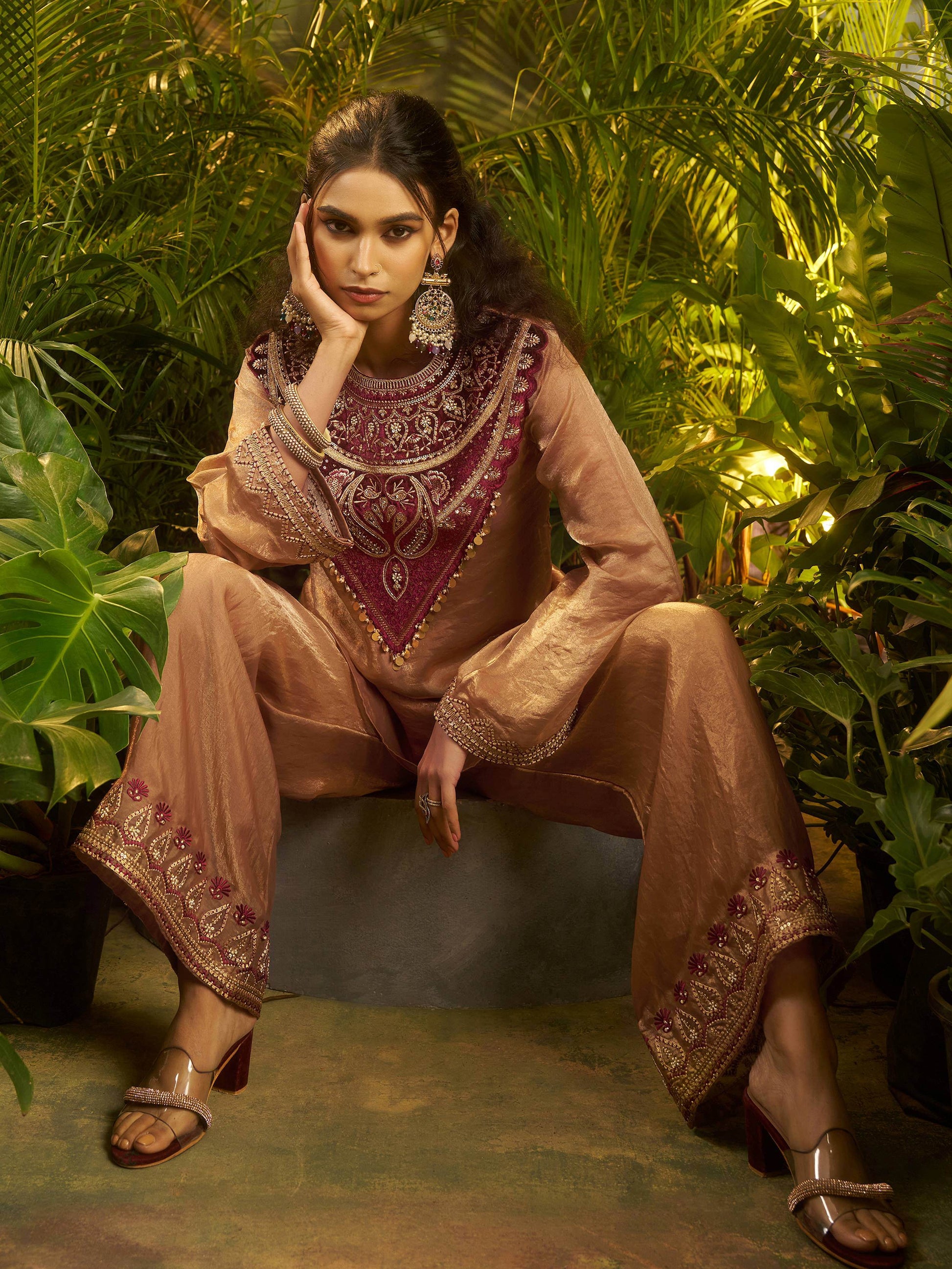 Charming Peach Patch Work Organza Party Wear Co-Ord Set