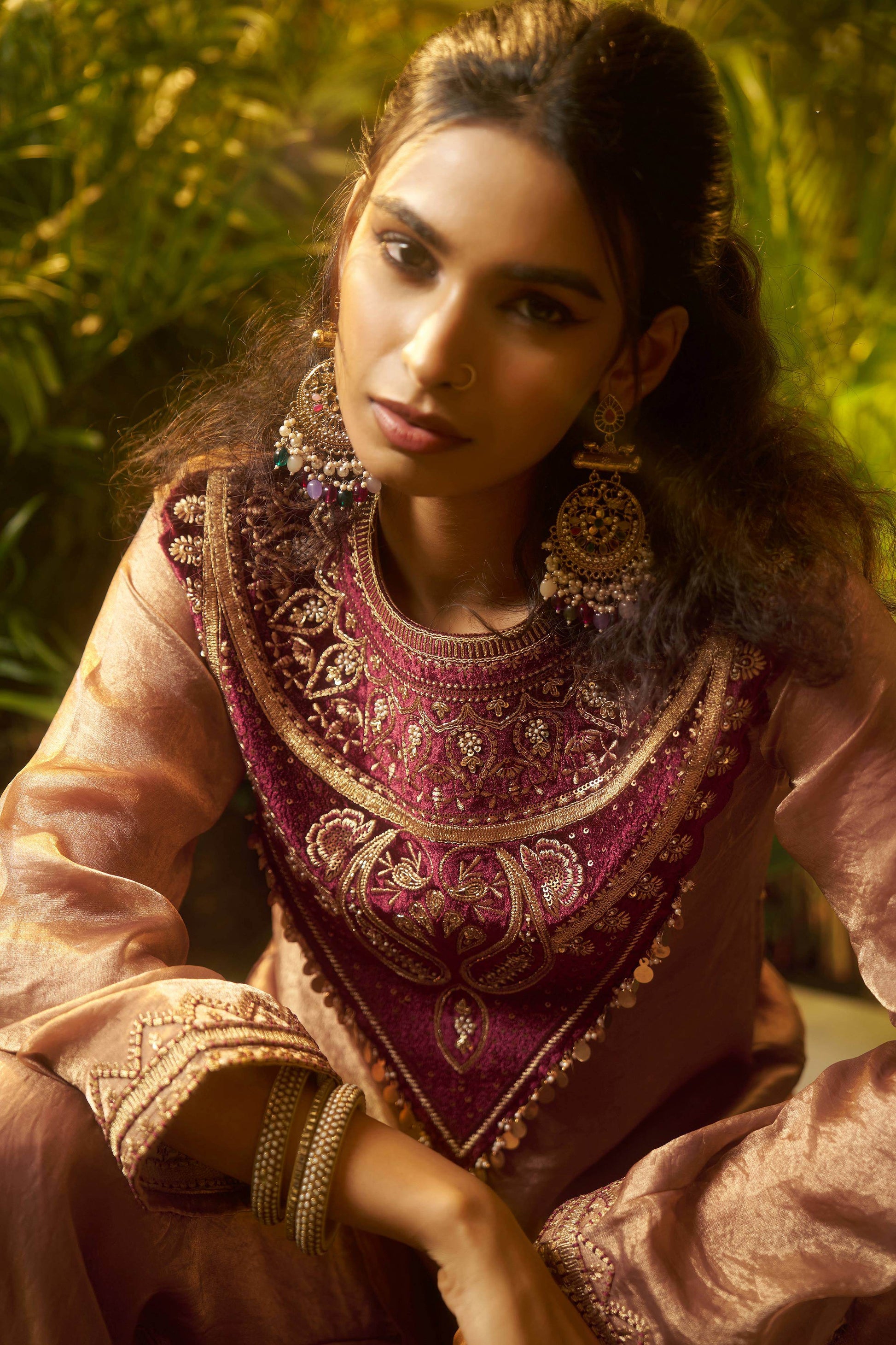 Charming Peach Patch Work Organza Party Wear Co-Ord Set