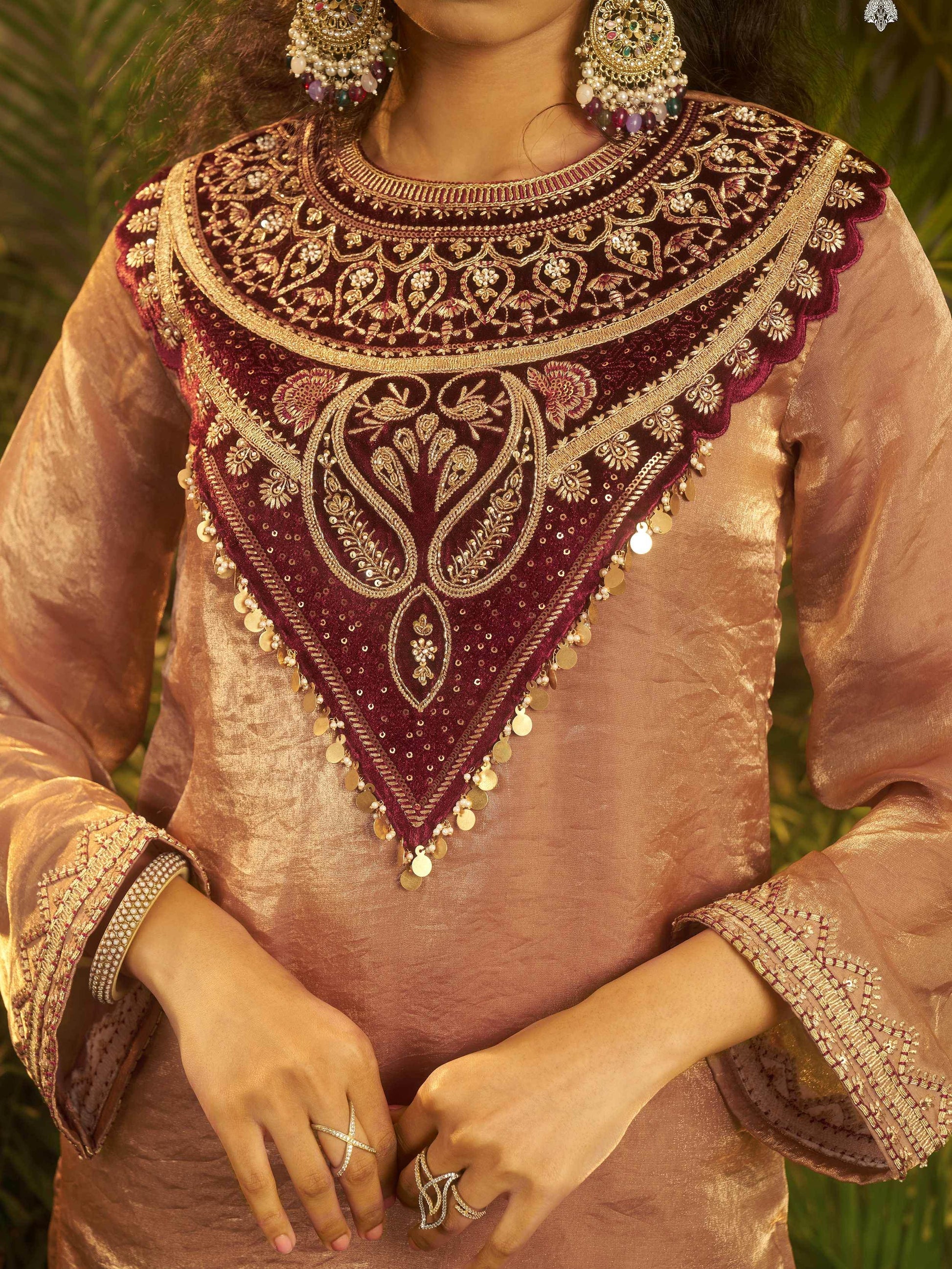 Charming Peach Patch Work Organza Party Wear Co-Ord Set