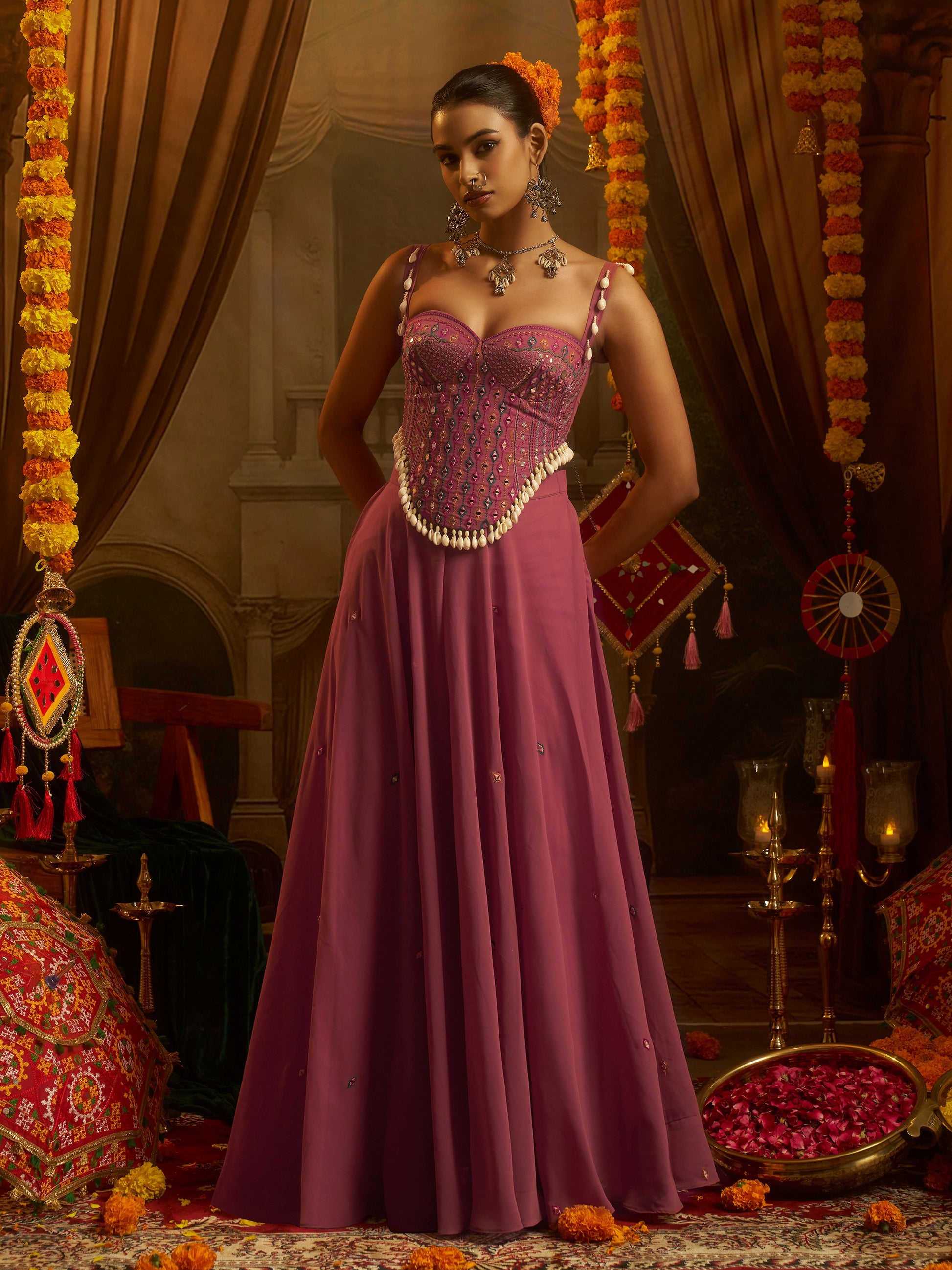 Glamorous Pink Mirror Work Georgette Navratri Wear Top With Palazzo