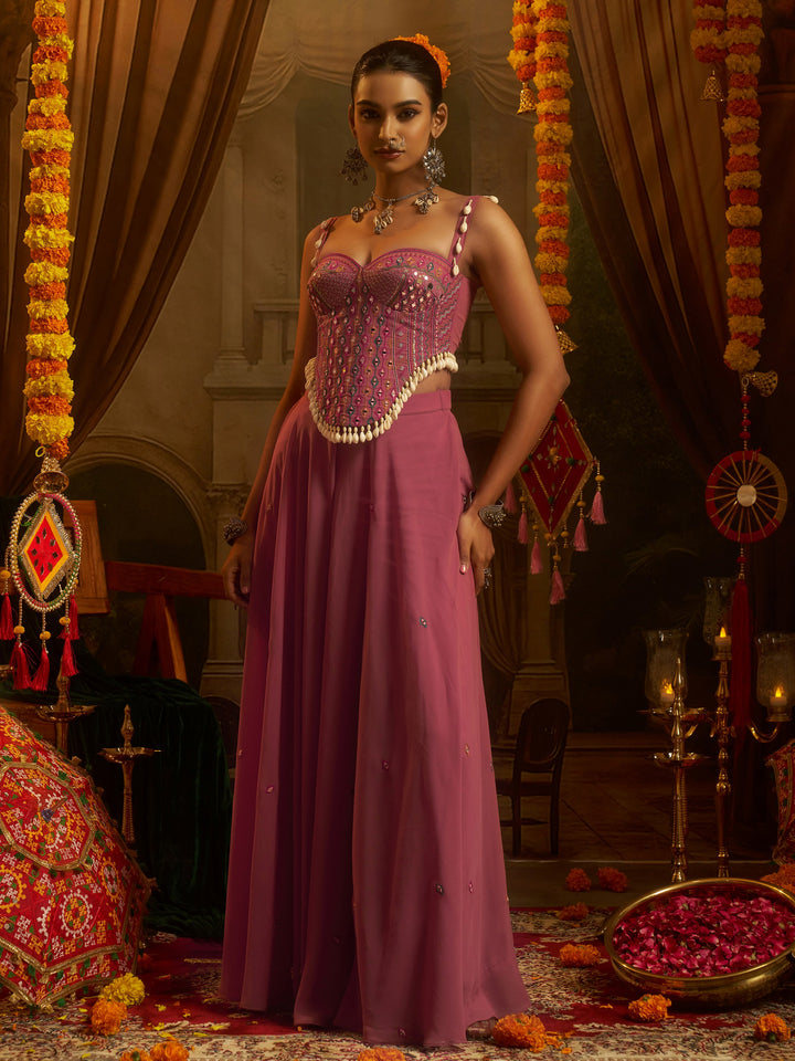 Glamorous Pink Mirror Work Georgette Navratri Wear Top With Palazzo