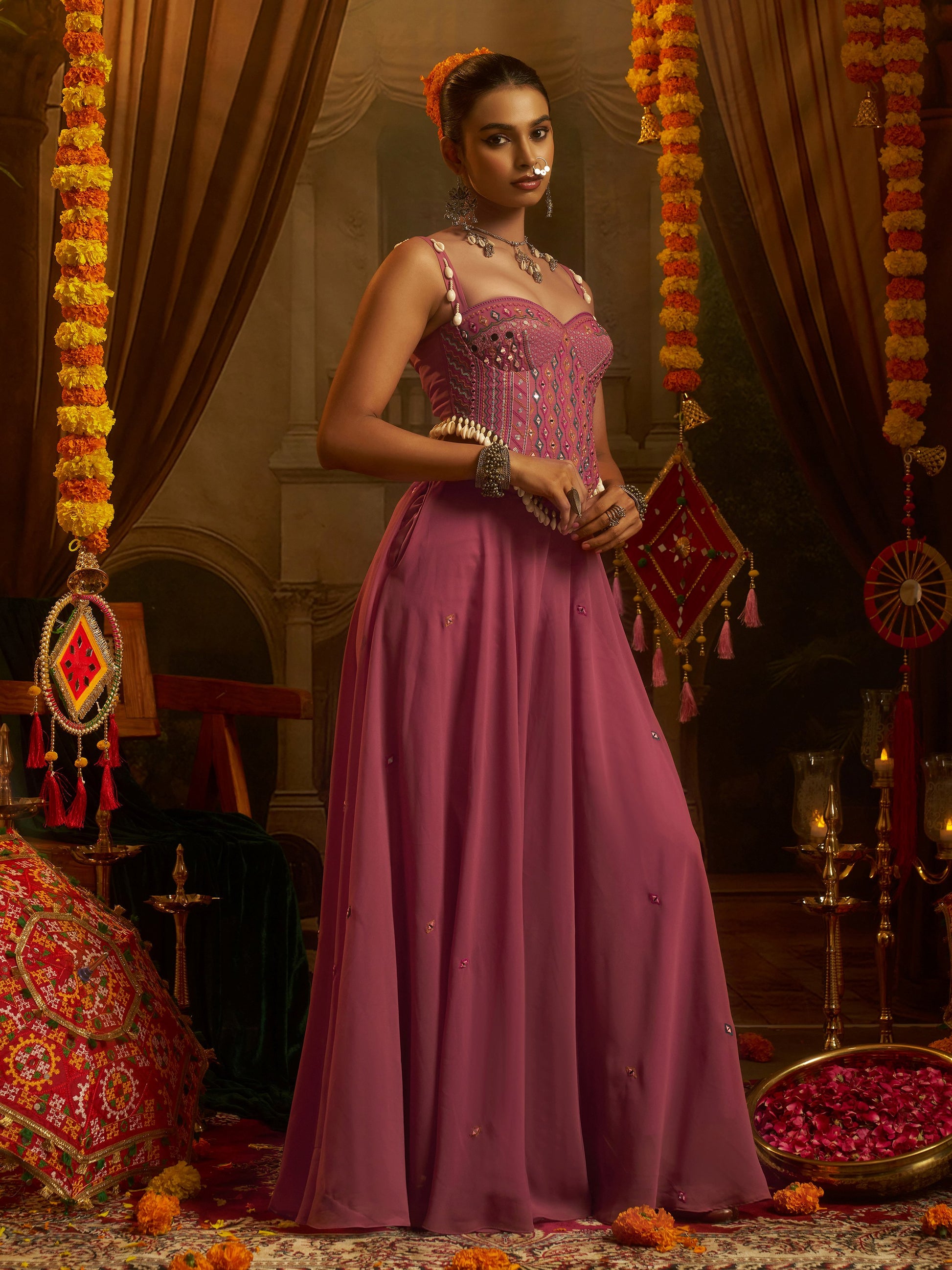 Glamorous Pink Mirror Work Georgette Navratri Wear Top With Palazzo