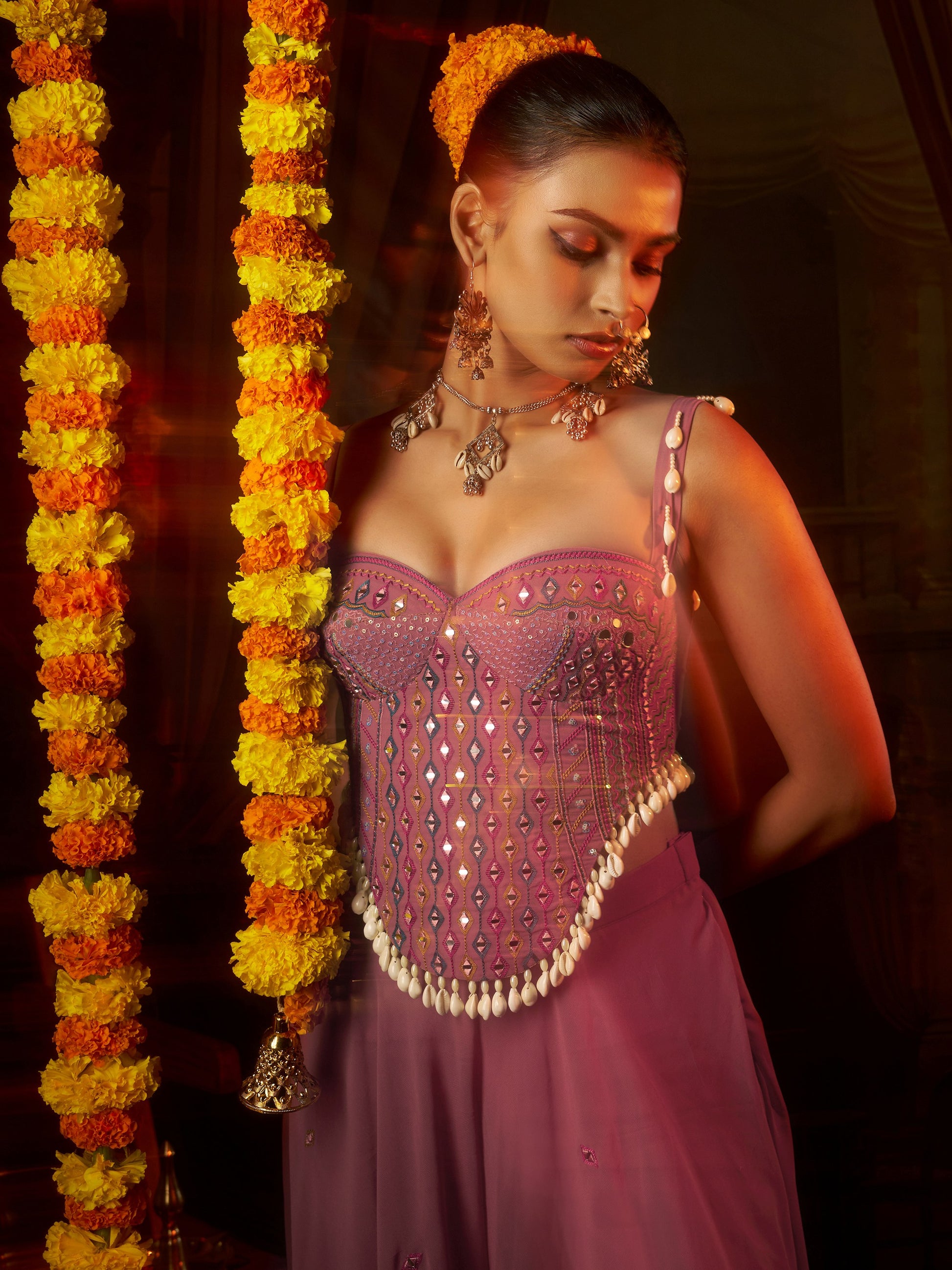 Glamorous Pink Mirror Work Georgette Navratri Wear Top With Palazzo