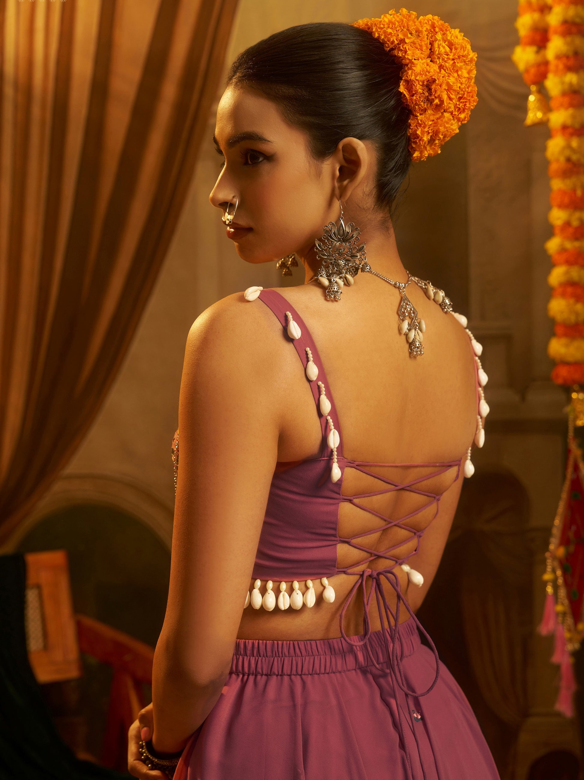 Glamorous Pink Mirror Work Georgette Navratri Wear Top With Palazzo