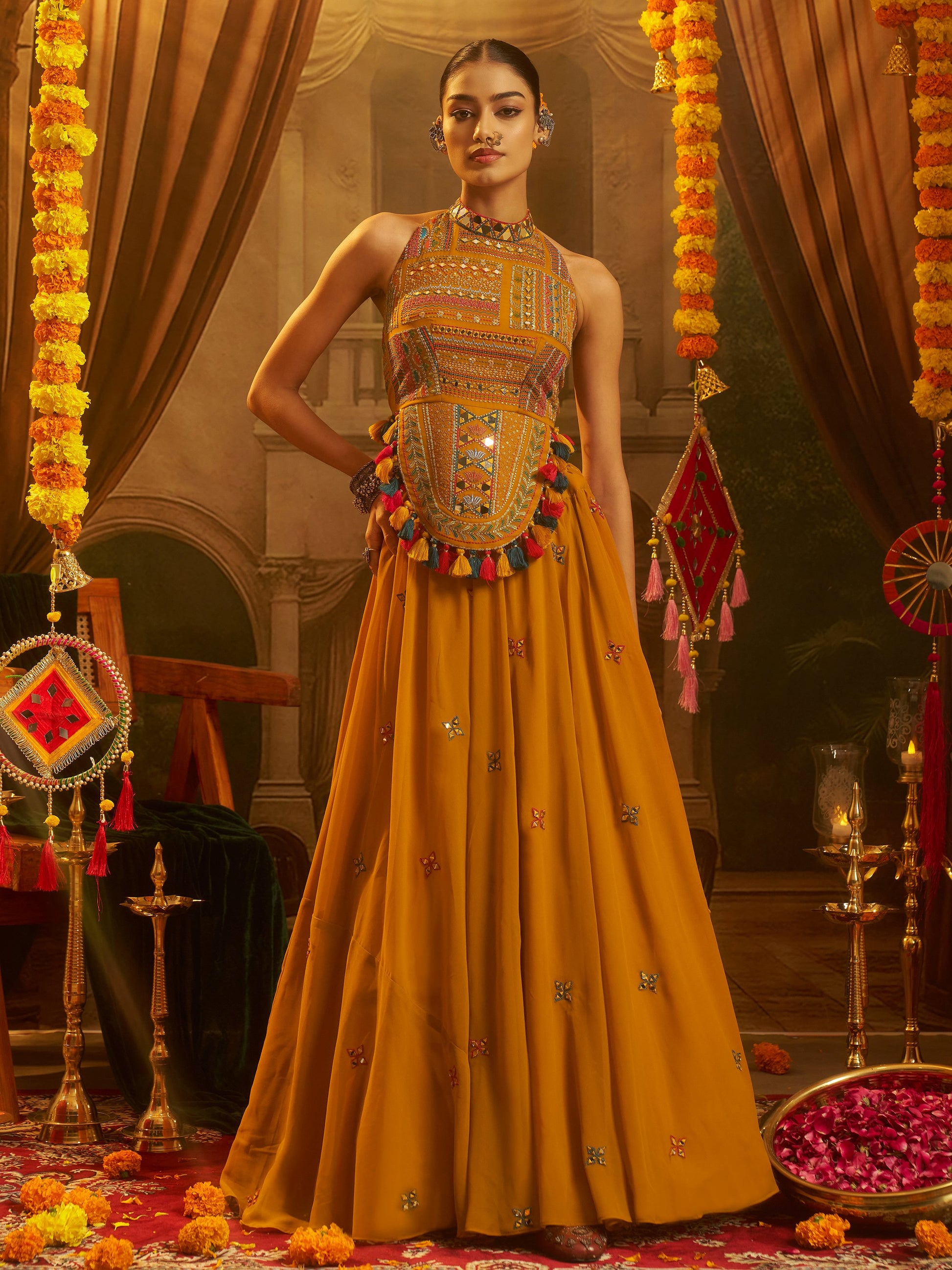 Royal Mustard Yellow Sequins Work Georgette Navratri Wear Lehenga Top 
