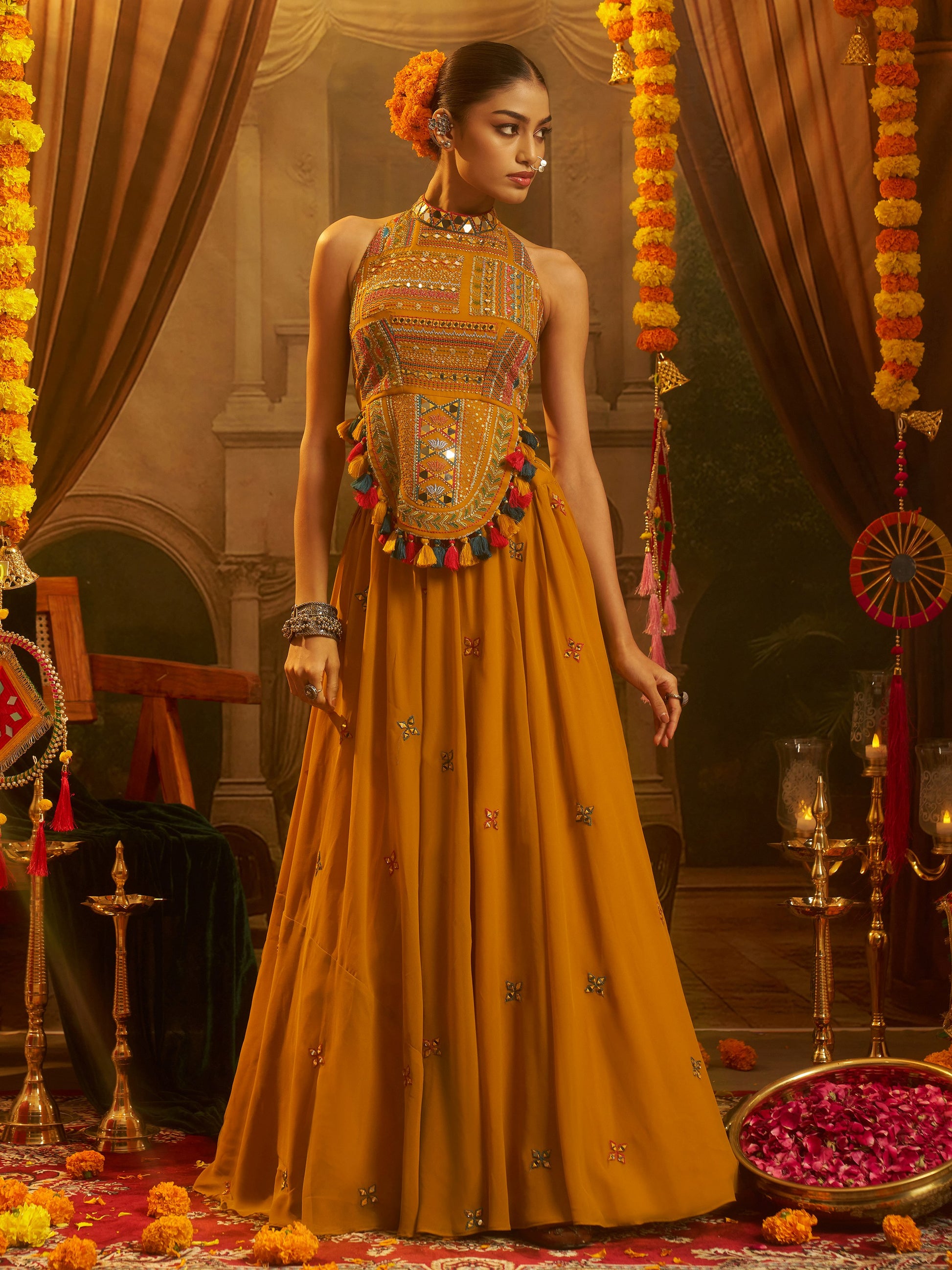 Radiant Mustard Sequins Work Georgette Navratri Wear Lehenga Top Set