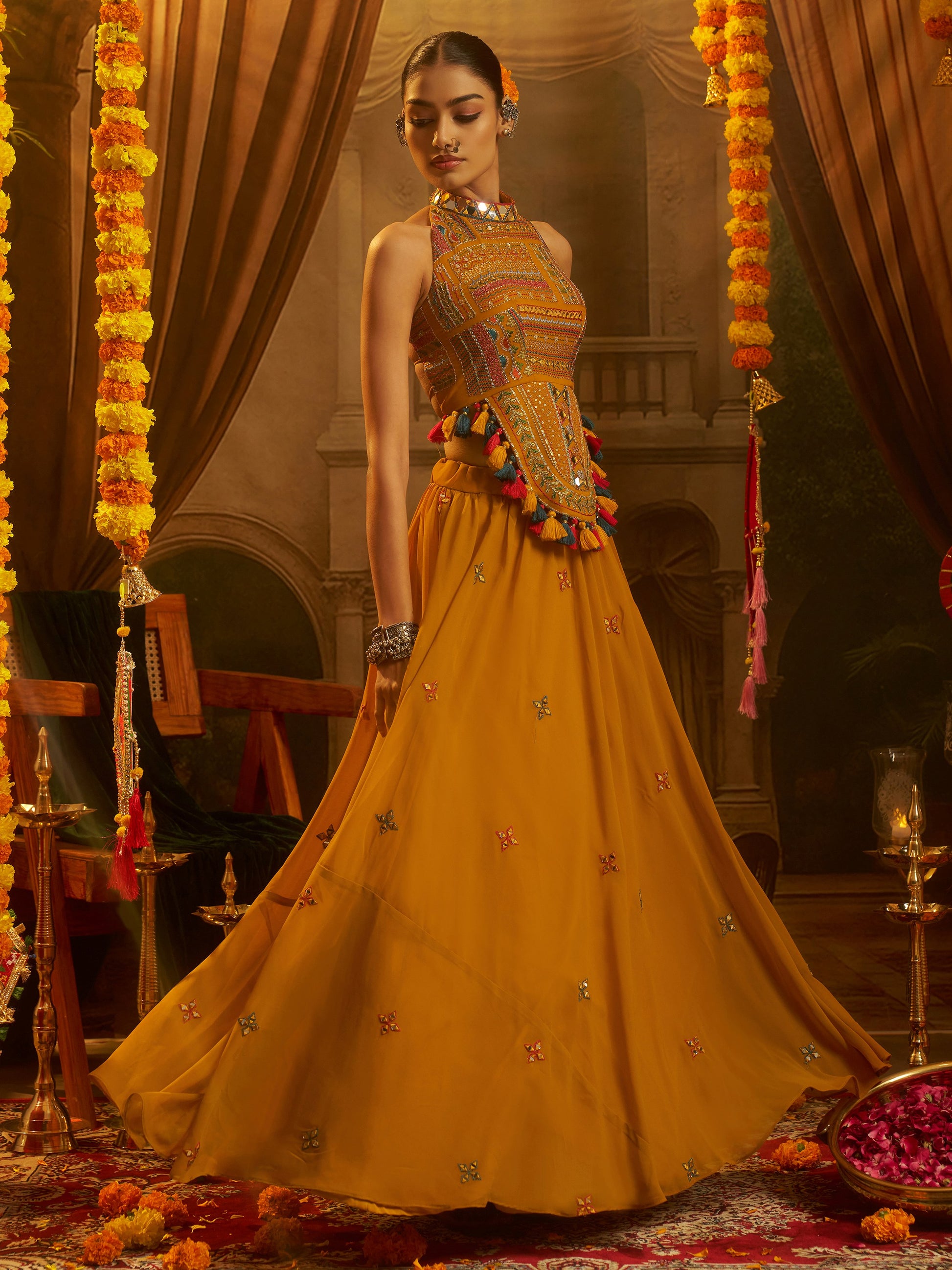 Royal Mustard Yellow Sequins Work Georgette Navratri Wear Lehenga Top 

