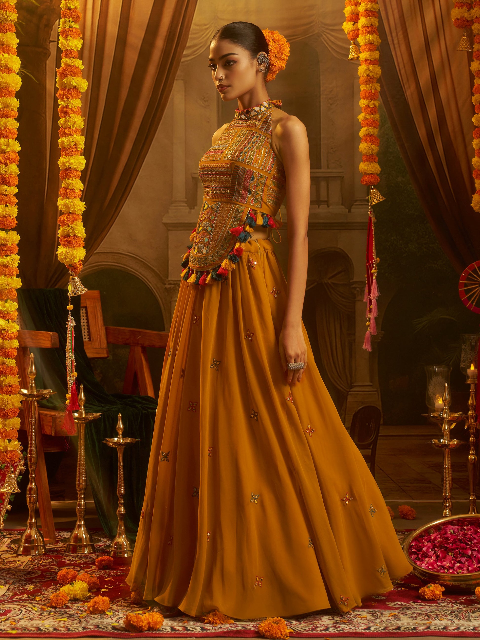 Royal Mustard Yellow Sequins Work Georgette Navratri Wear Lehenga Top 

