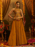 Royal Mustard Yellow Sequins Work Georgette Navratri Wear Lehenga Top 

