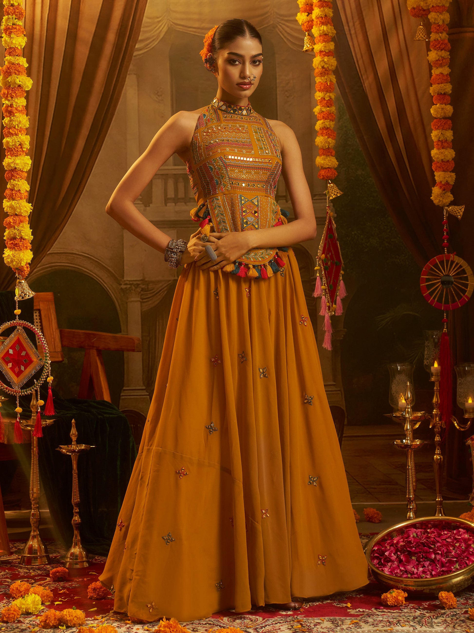 Royal Mustard Yellow Sequins Work Georgette Navratri Wear Lehenga Top 

