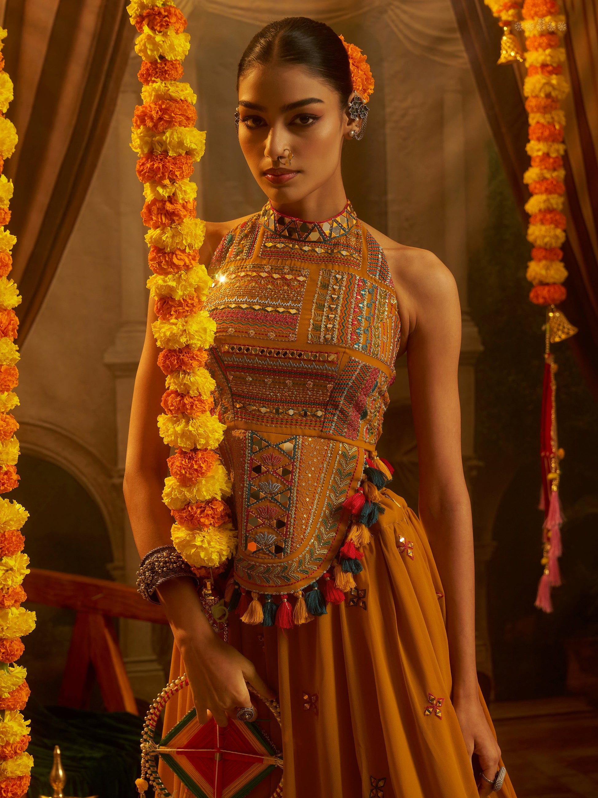 Royal Mustard Yellow Sequins Work Georgette Navratri Wear Lehenga Top 

