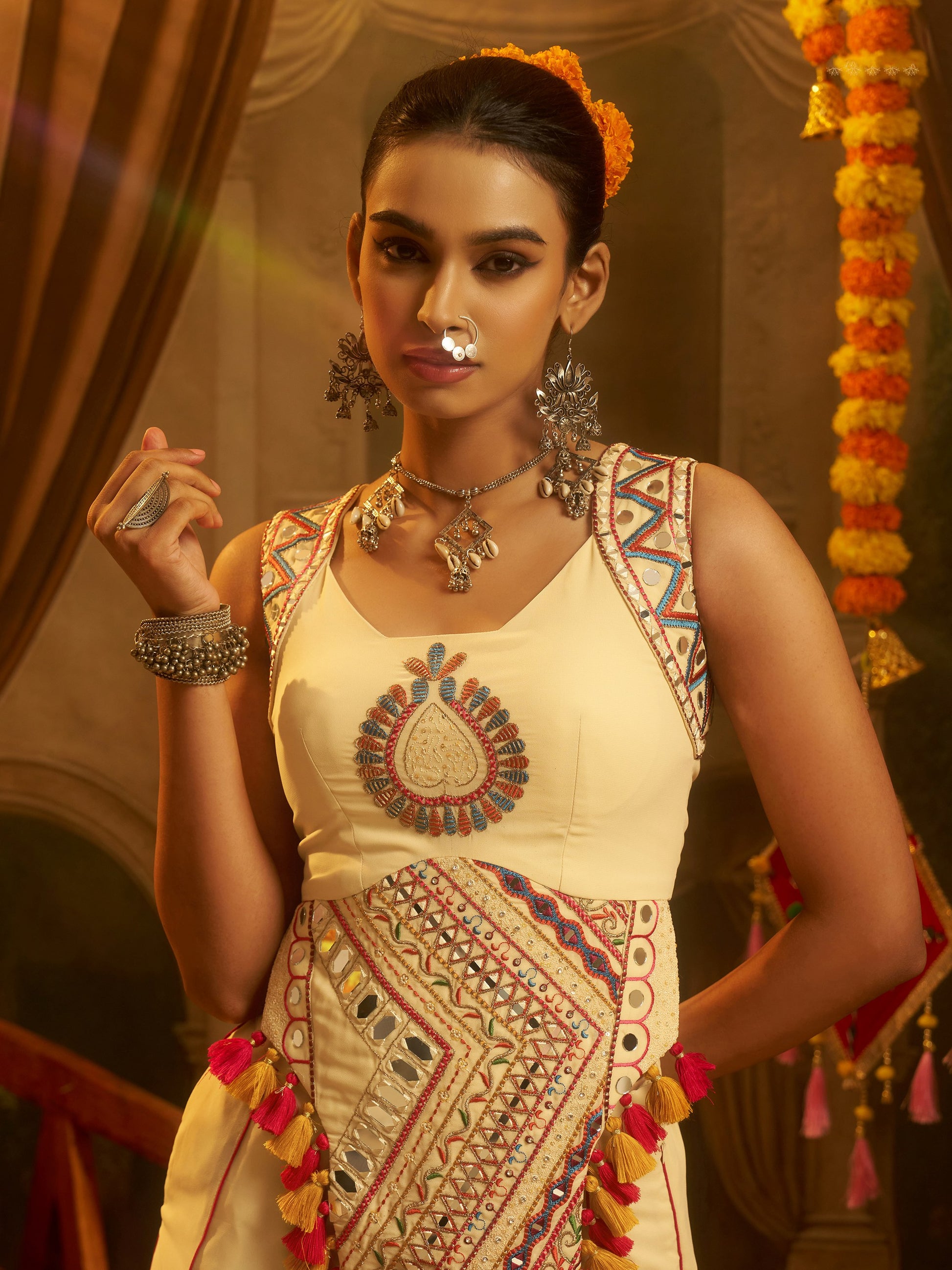 Captivating Cream Mirror Work Georgette Navratri Wear Palazzo Top Set
