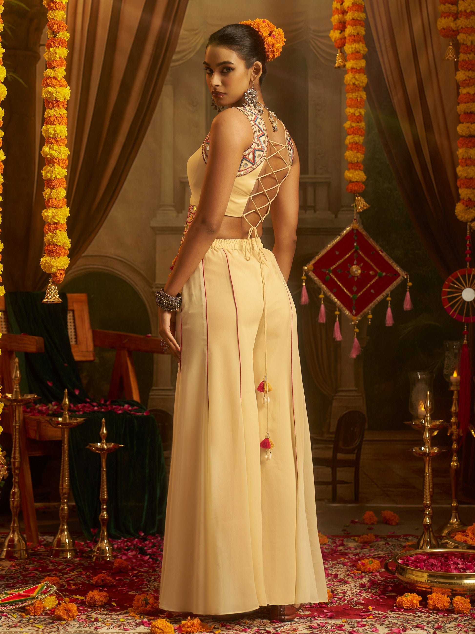 Captivating Cream Mirror Work Georgette Navratri Wear Palazzo Top Set