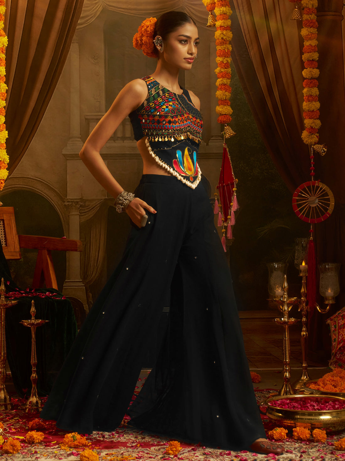 Adorable Black Thread Work Georgette Navratri Wear Top With Palazzo