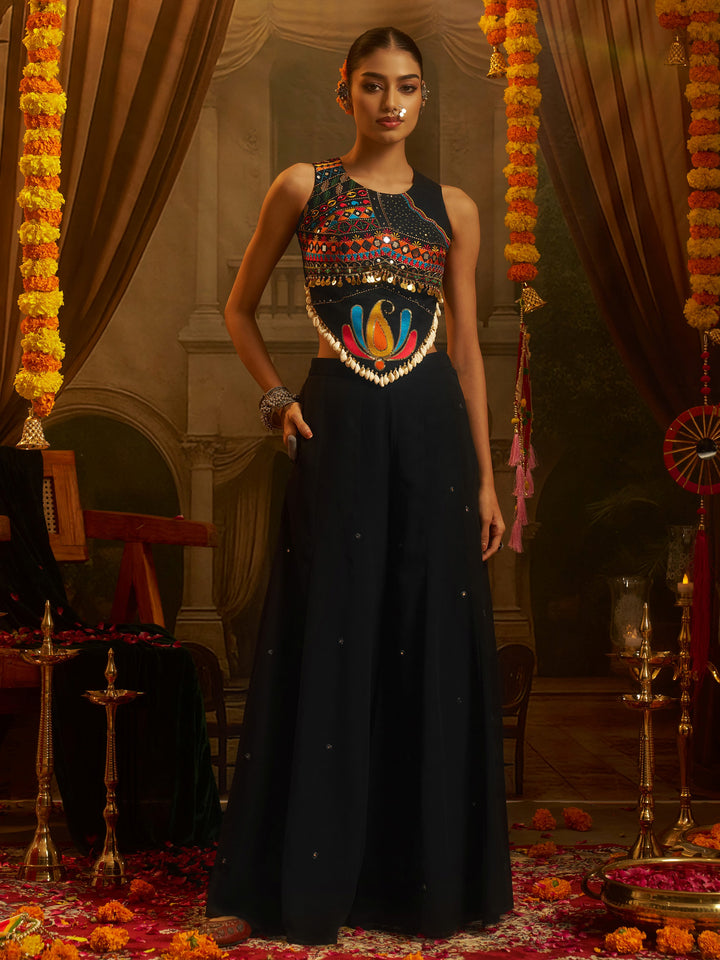 Adorable Black Thread Work Georgette Navratri Wear Top With Palazzo