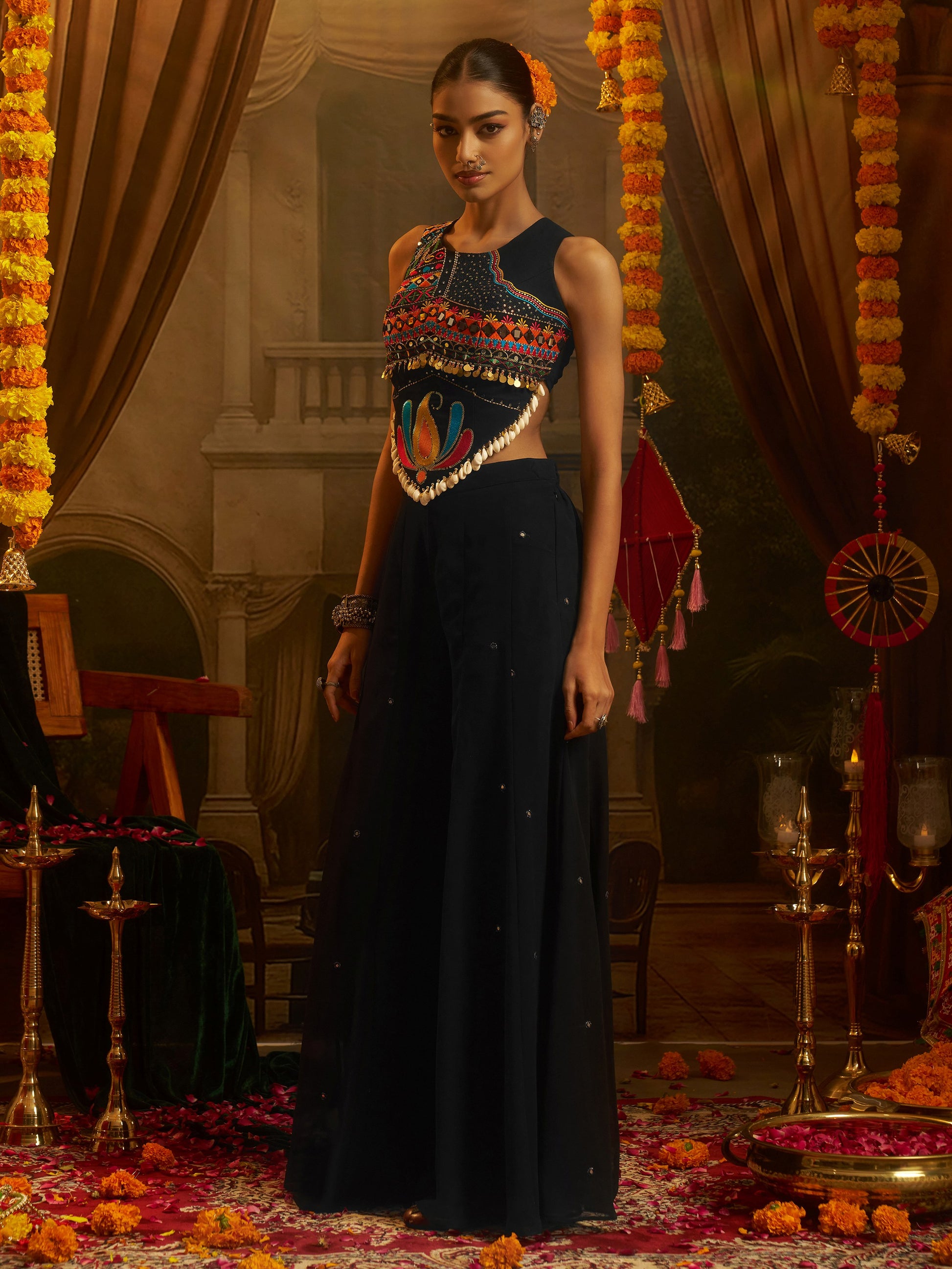 Adorable Black Thread Work Georgette Navratri Wear Top With Palazzo