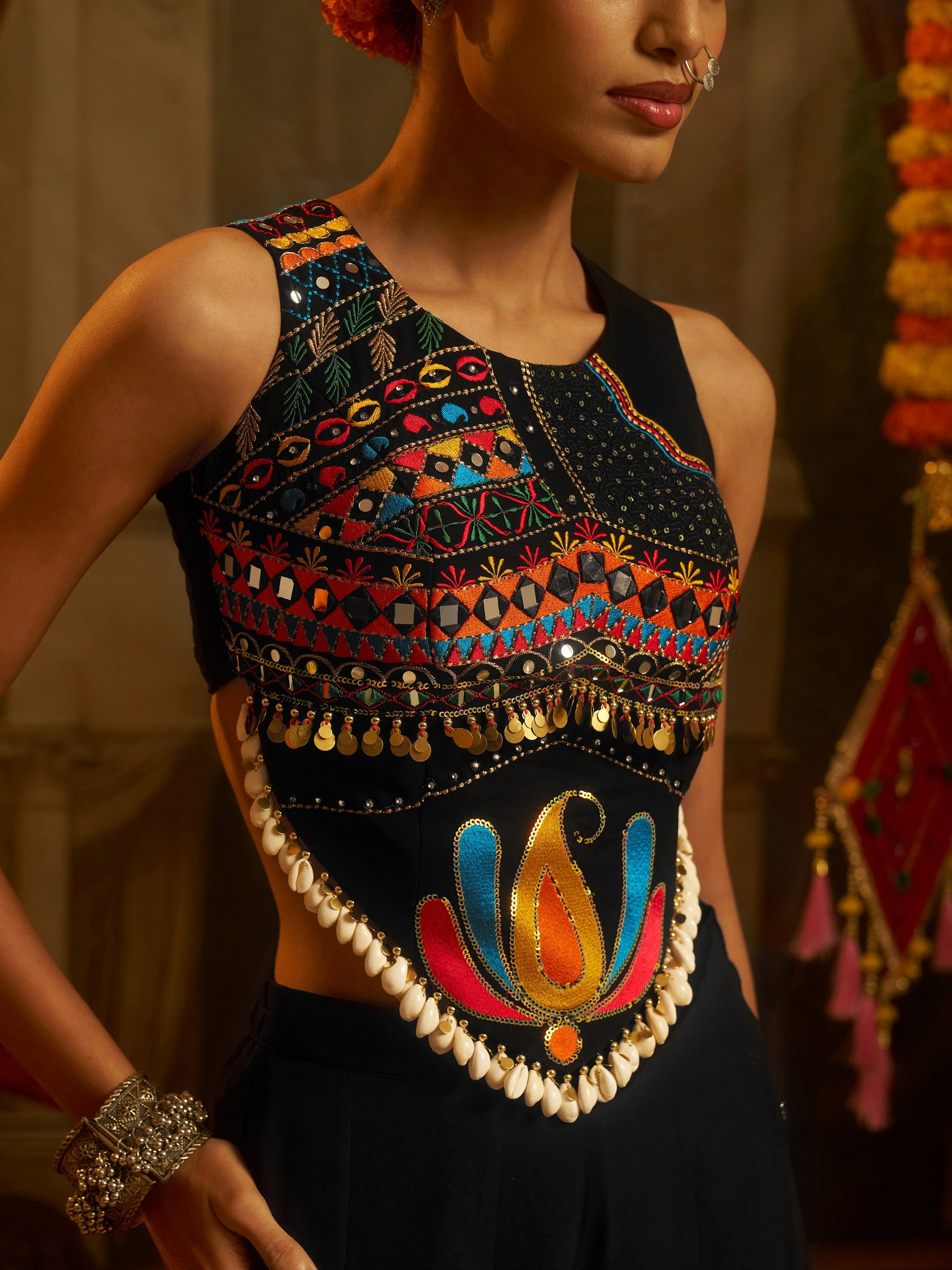 Adorable Black Thread Work Georgette Navratri Wear Top With Palazzo