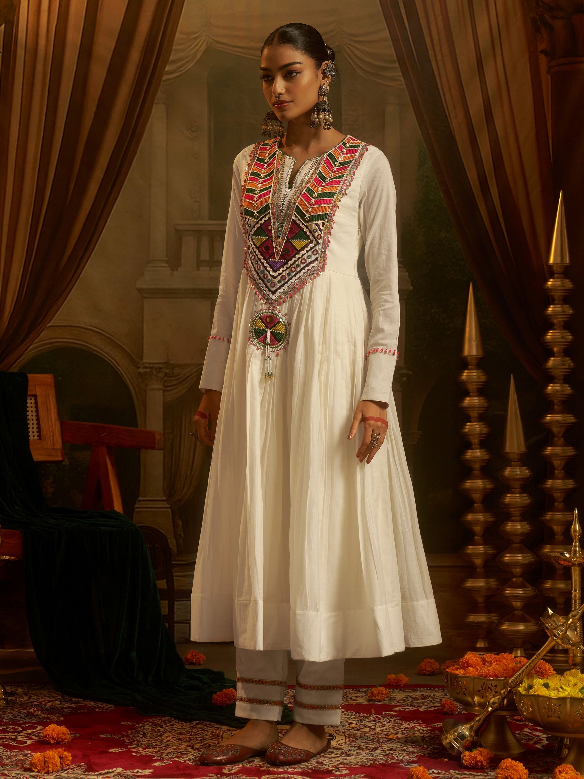Dazzling White Thread Embroidery Cotton Festive Wear Kurti Set