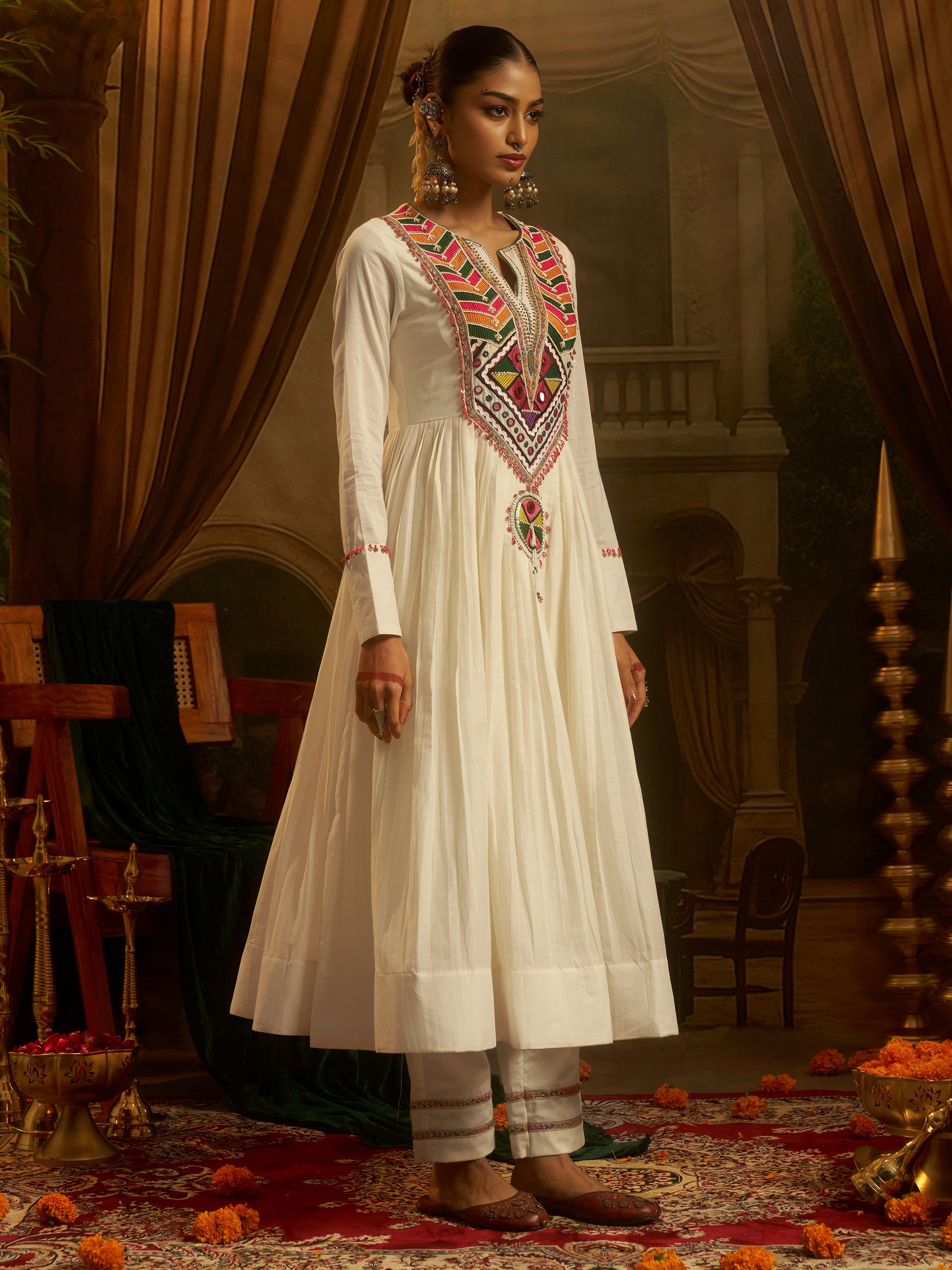Dazzling White Thread Embroidery Cotton Festive Wear Kurti Set