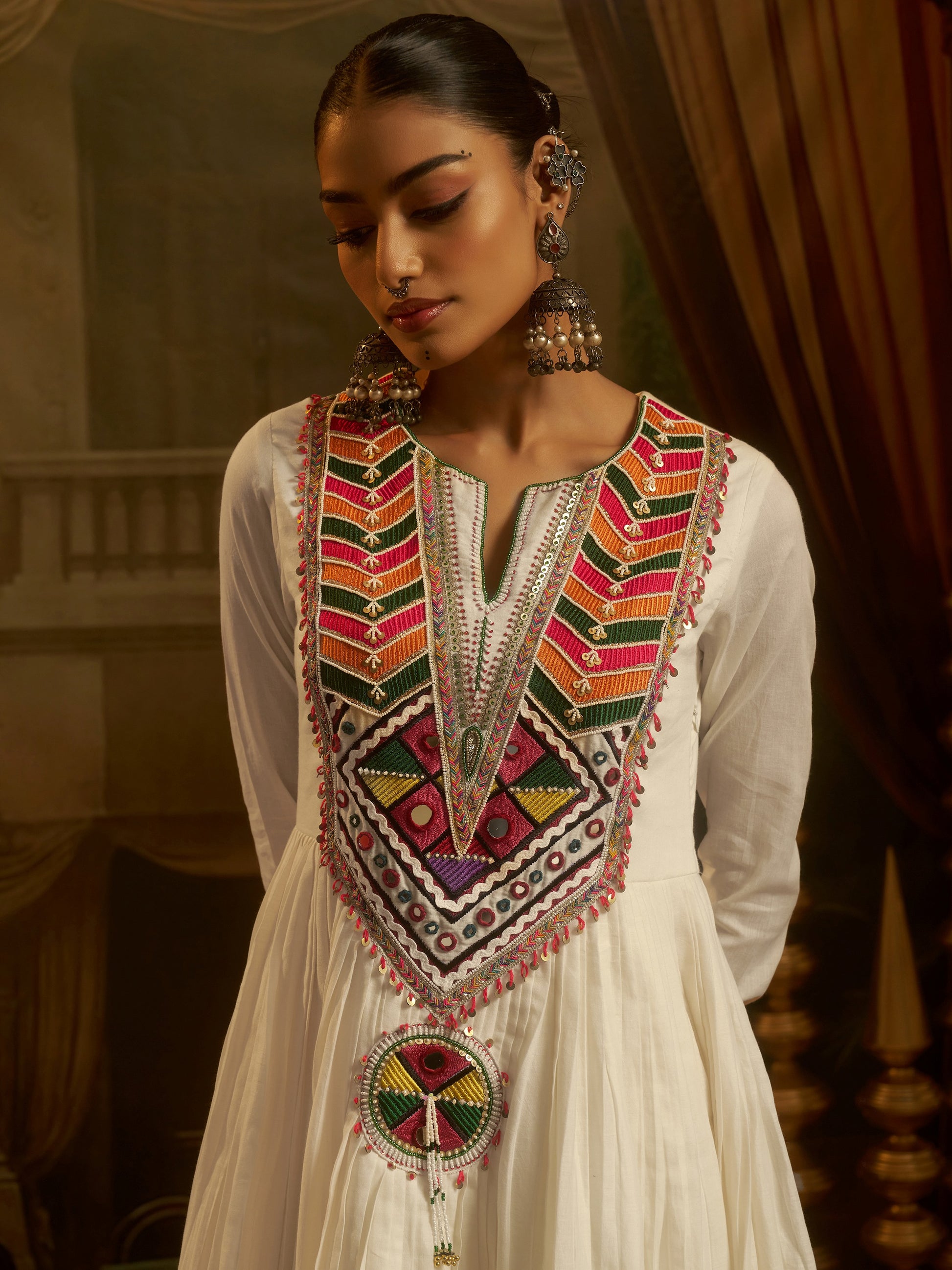 Dazzling White Thread Embroidery Cotton Festive Wear Kurti Set