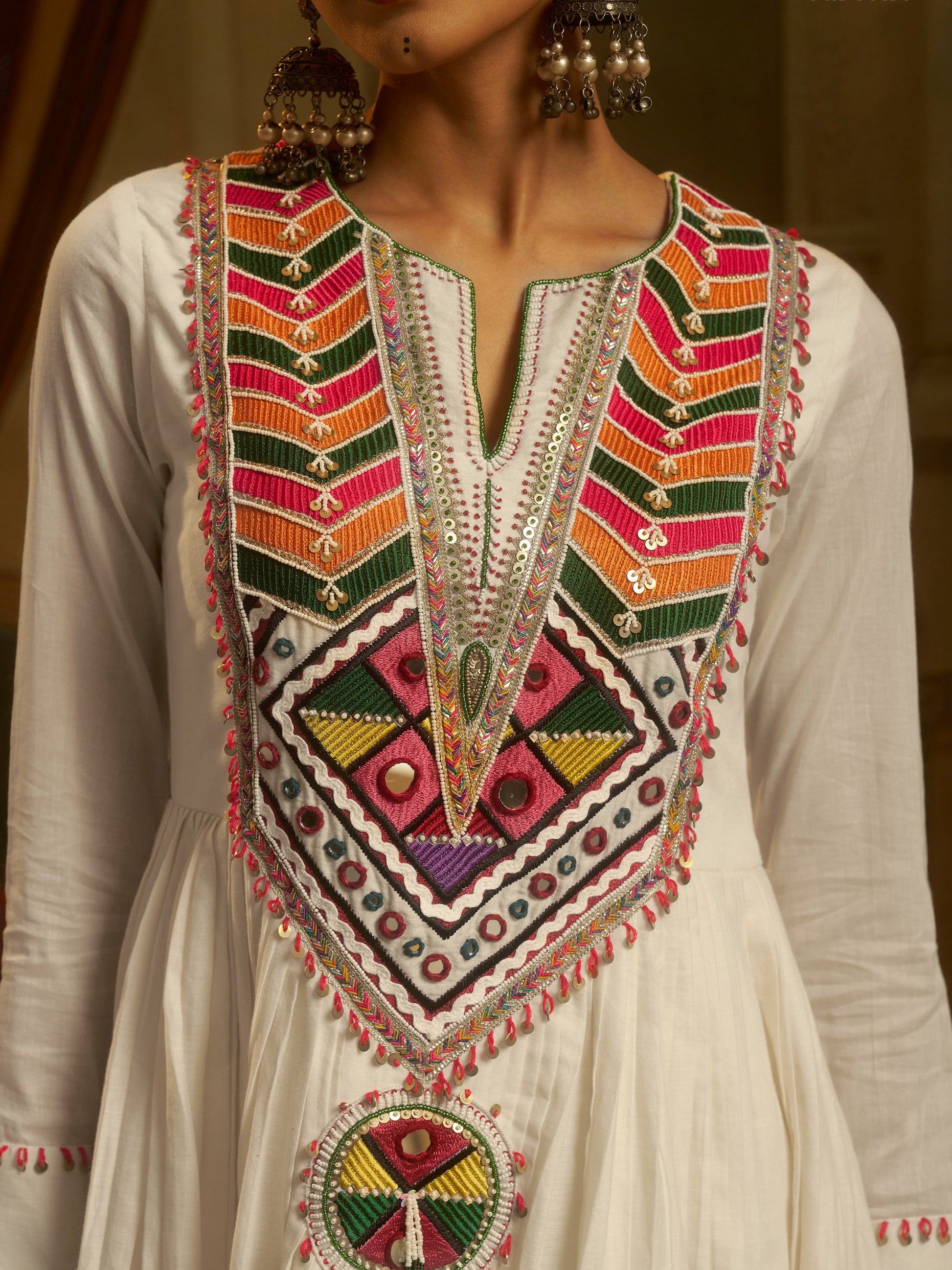Dazzling White Thread Embroidery Cotton Festive Wear Kurti Set