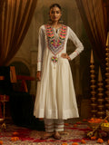 Dazzling White Thread Embroidery Cotton Festive Wear Kurti Set