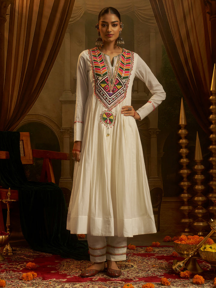 Dazzling White Thread Embroidery Cotton Festive Wear Kurti Set