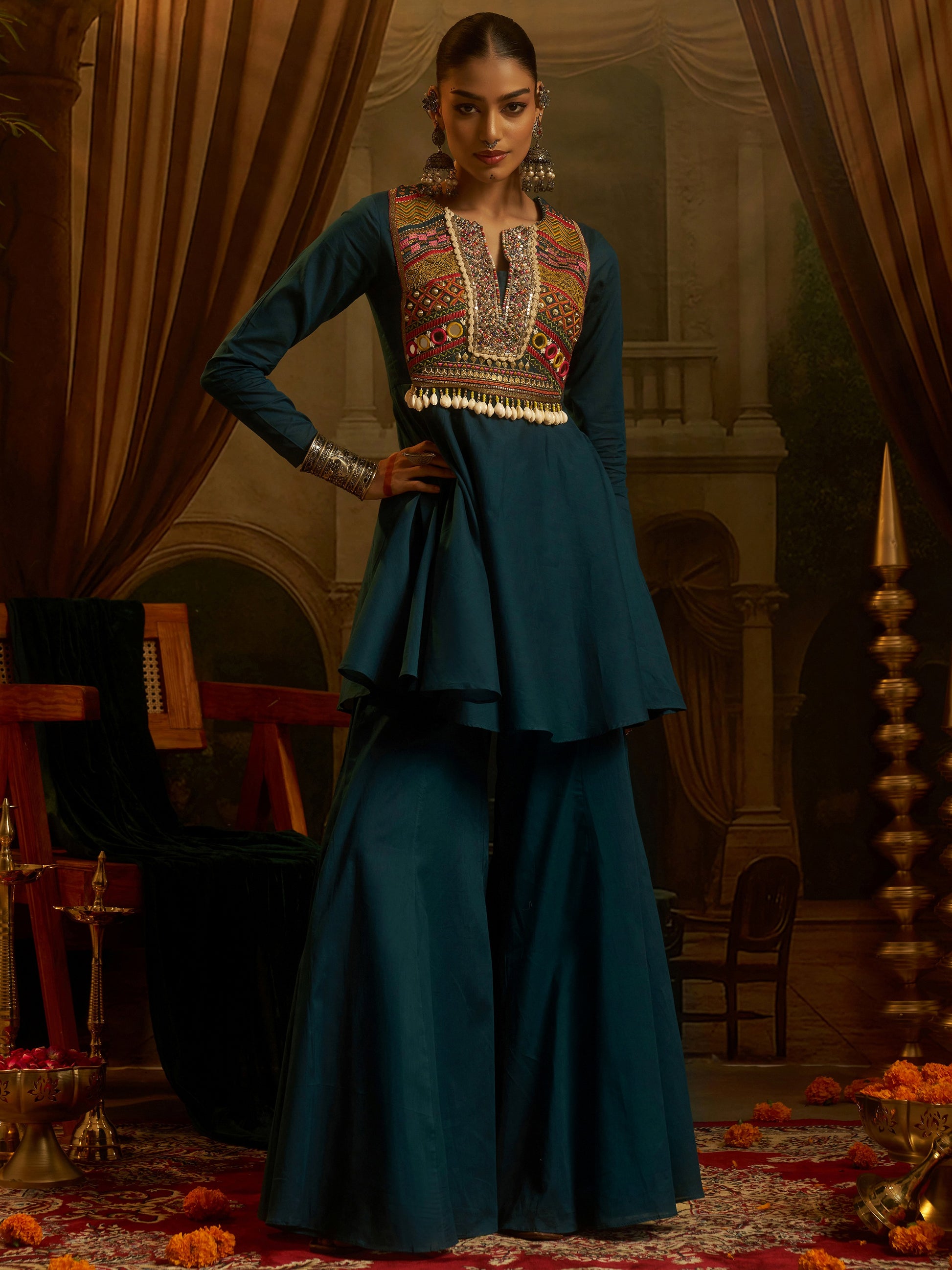 Wonderful Teal Blue Embroidery Navratri Wear Cotton Sharara Set