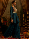 Wonderful Teal Blue Embroidery Navratri Wear Cotton Sharara Set