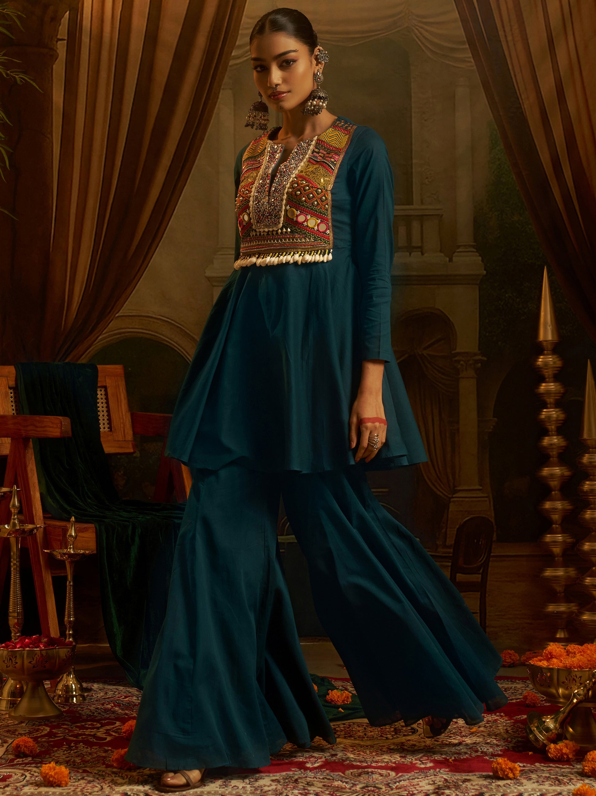 Wonderful Teal Blue Embroidery Navratri Wear Cotton Sharara Set