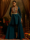 Wonderful Teal Blue Embroidery Navratri Wear Cotton Sharara Set