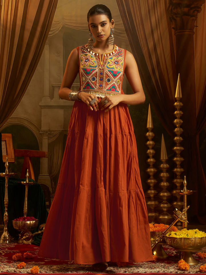 Beautiful Rust Orange Thread Embroidery Cotton Festive Wear Gown