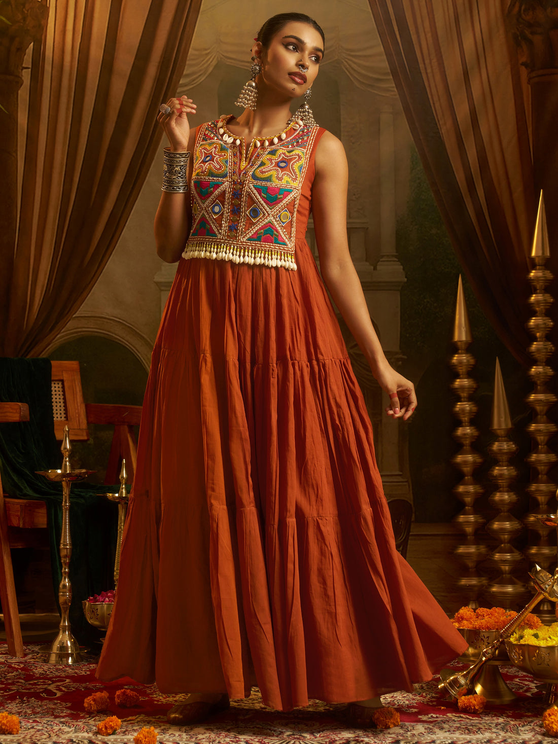 Beautiful Rust Orange Thread Embroidered Cotton Festive Wear Gown