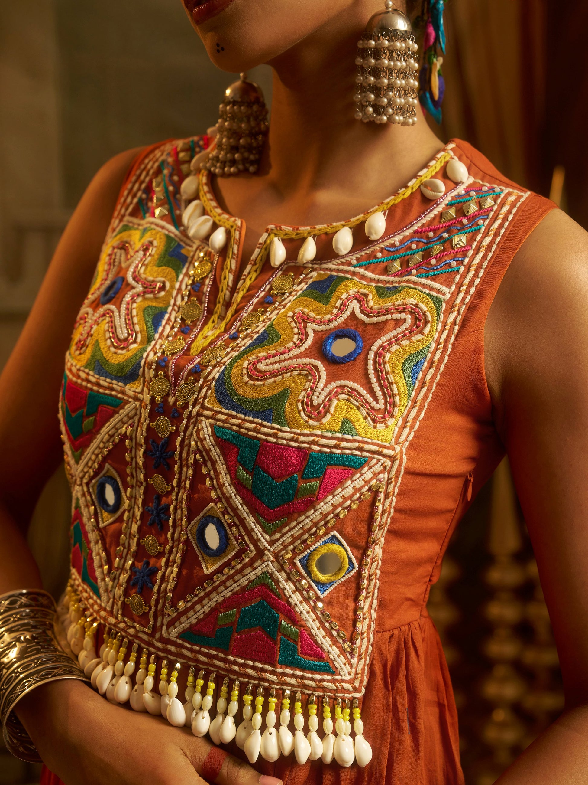 Beautiful Rust Orange Thread Embroidery Cotton Festive Wear Gown