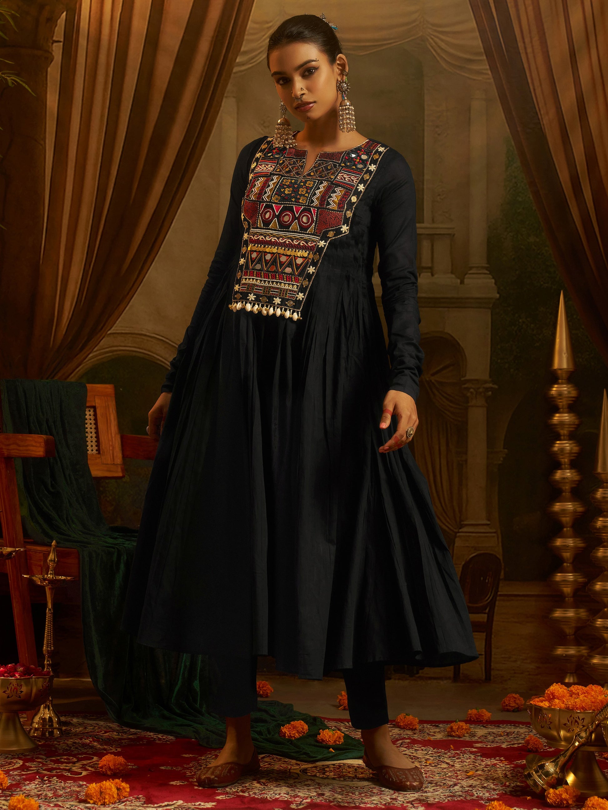 Stylish Black Thread Embroidery Cotton Festive Wear Kurti Set