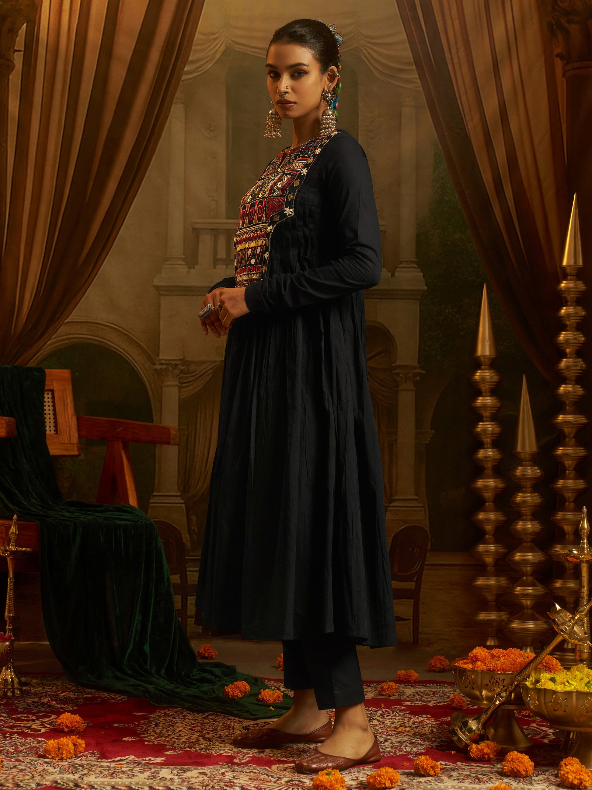 Stylish Black Thread Embroidery Cotton Festive Wear Kurti Set
