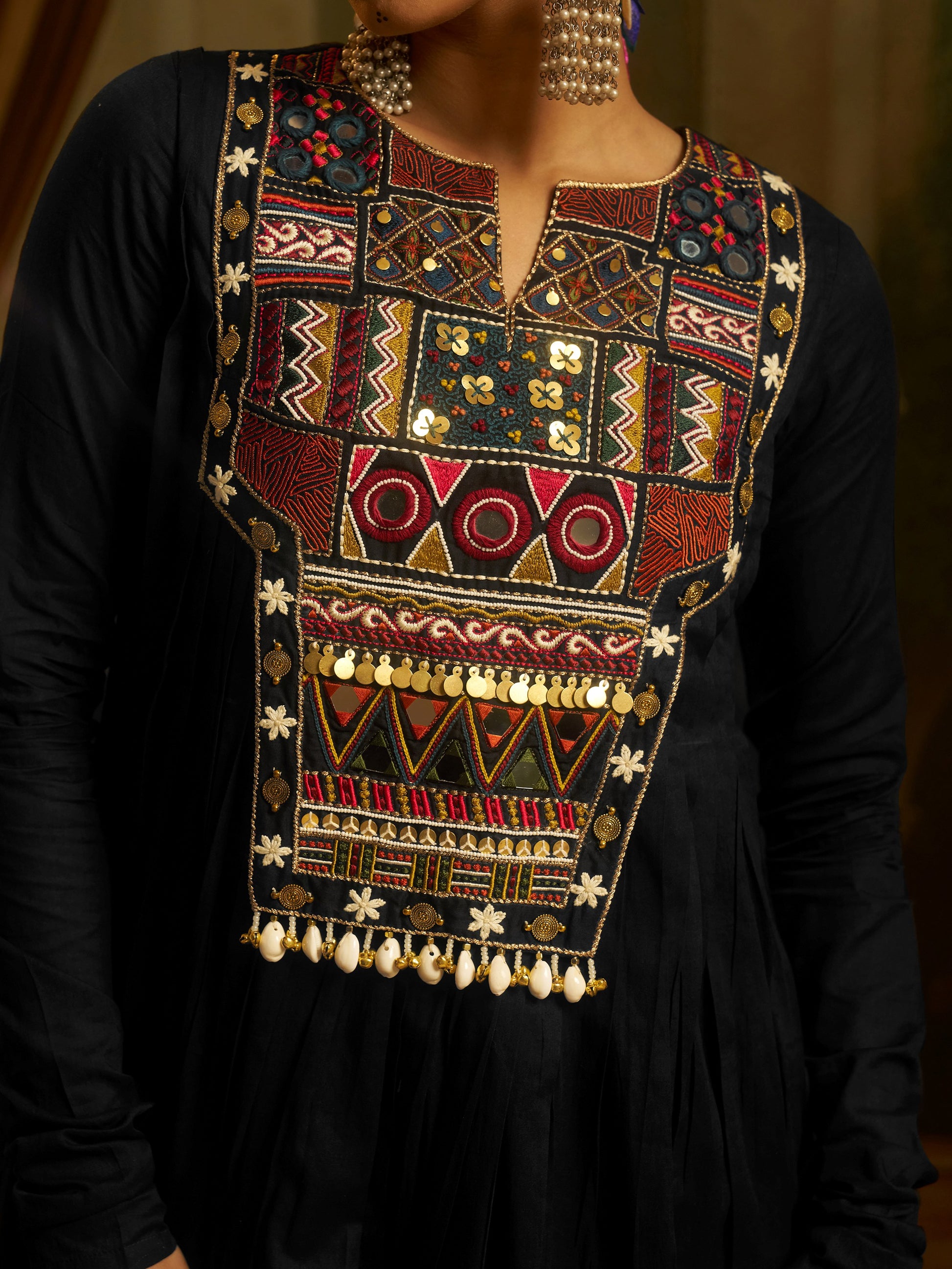 Stylish Black Thread Embroidery Cotton Festive Wear Kurti Set