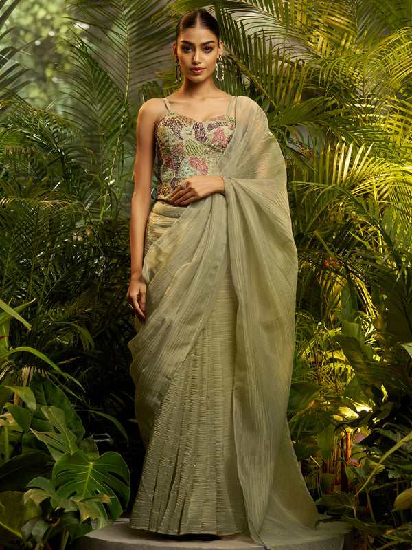 Dazzling Green Zari Work Tissue Party Wear Saree With Blouse