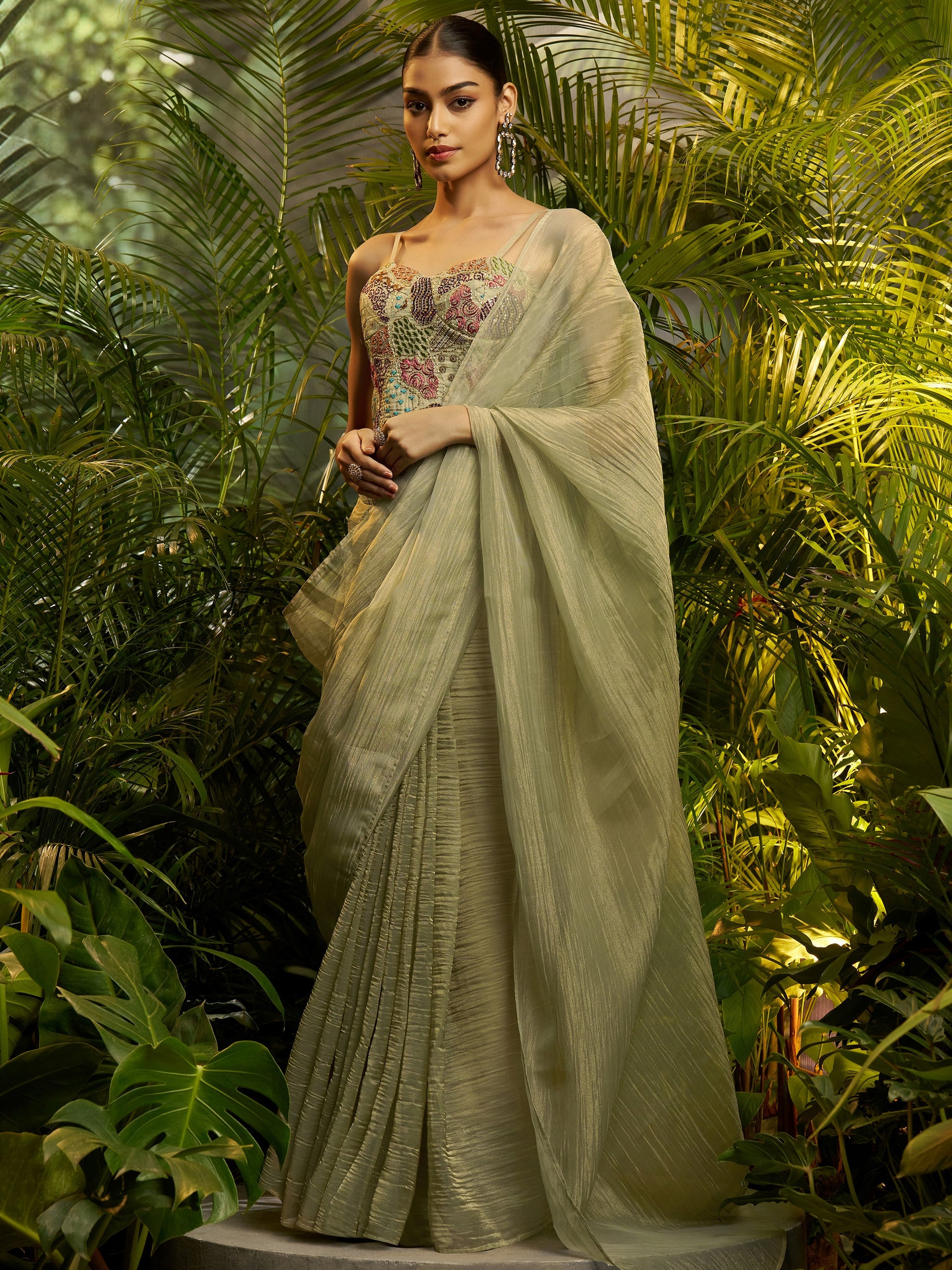 Dazzling Green Zari Work Tissue Party Wear Saree With Blouse
